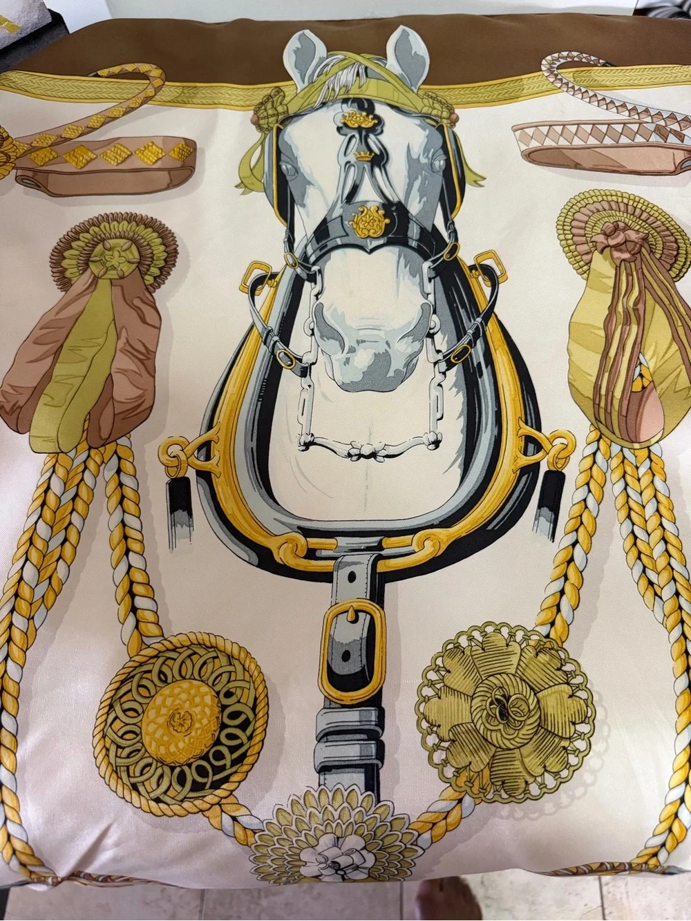 Hermès Paris Equestrian Silk Scarf in Cream, Gold and Brown - Picture 10 of 16